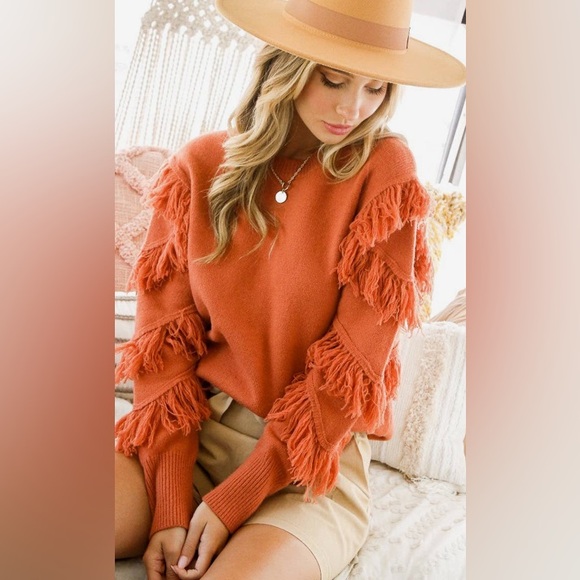 Vine & Love Sweaters - Fringe Detail Orange Sweater